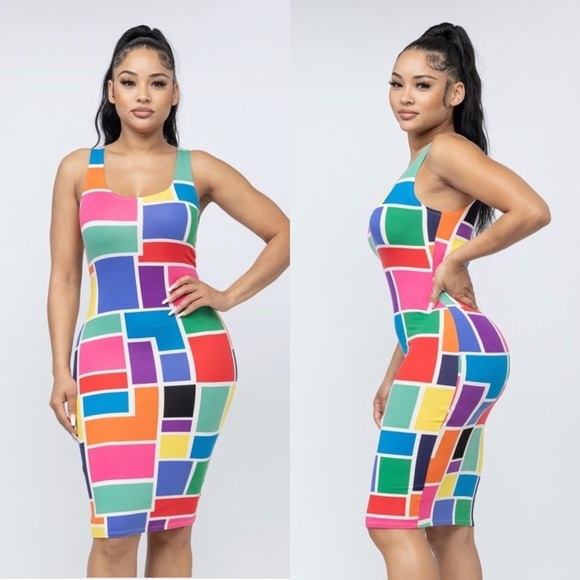 Dresses & Skirts - TANK TOP MULTI COLORFUL COLOR BLOCK FITTED BODYCON‎ MIDI DRESS